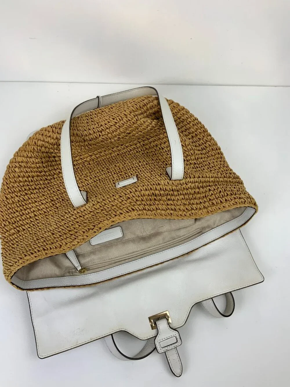 Michael Kors Naomi Straw Raffia Tote Bag White Leather Trim Vacation Summer